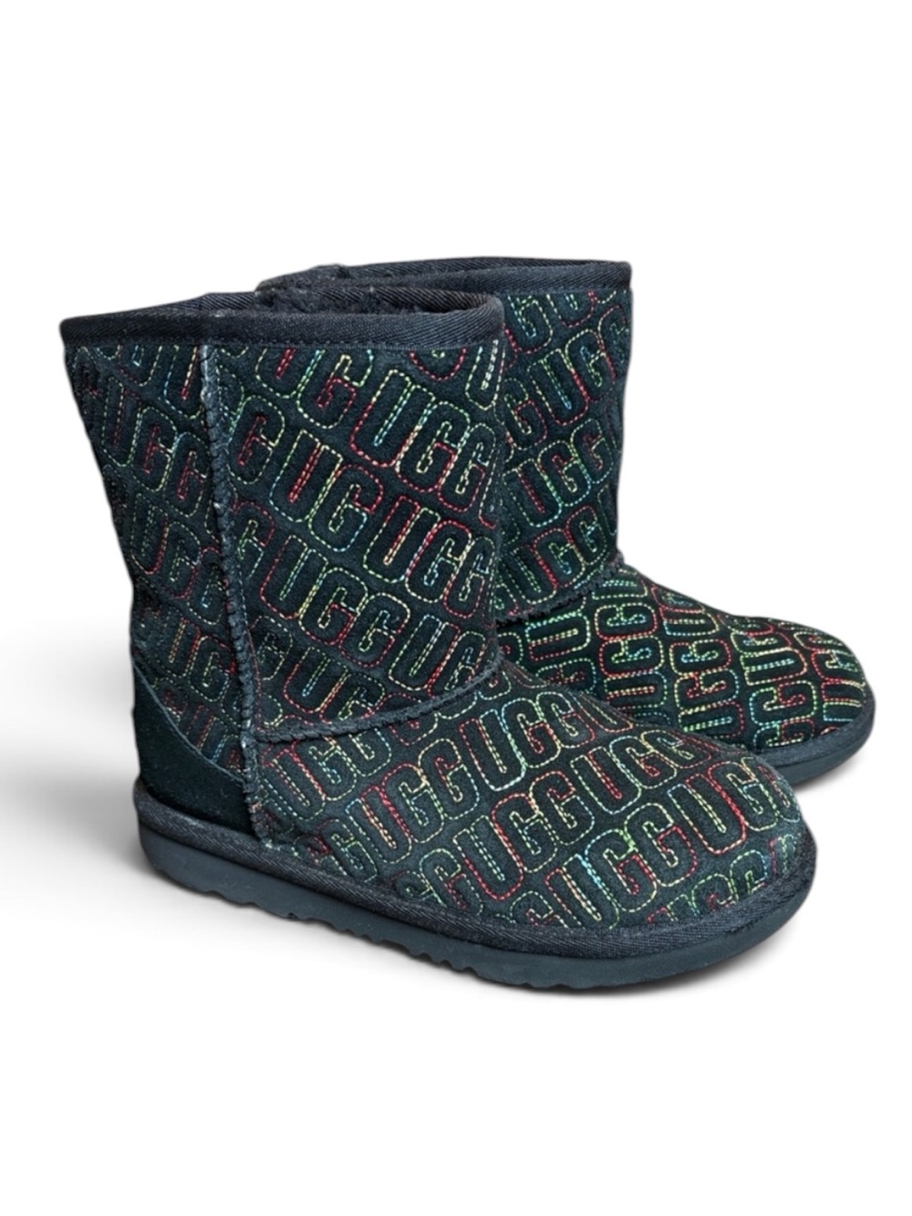UGG Kids' Classic II Graphic Stitch Boots Black Multi-Color Logo Size 4